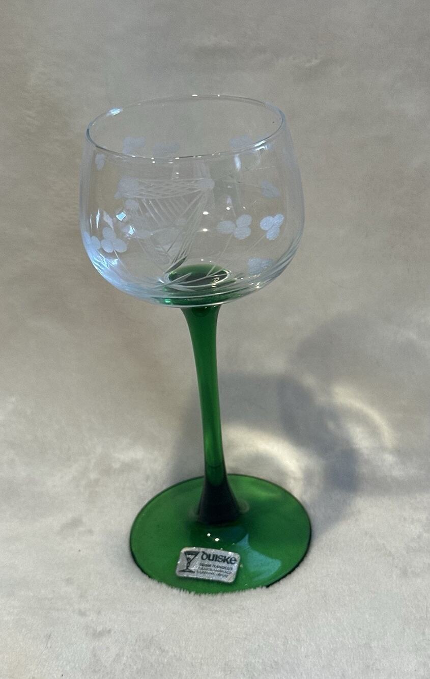 Duiske Irish handcut glass Vtg Etched Wine Glass Green Stem Floral Replacment